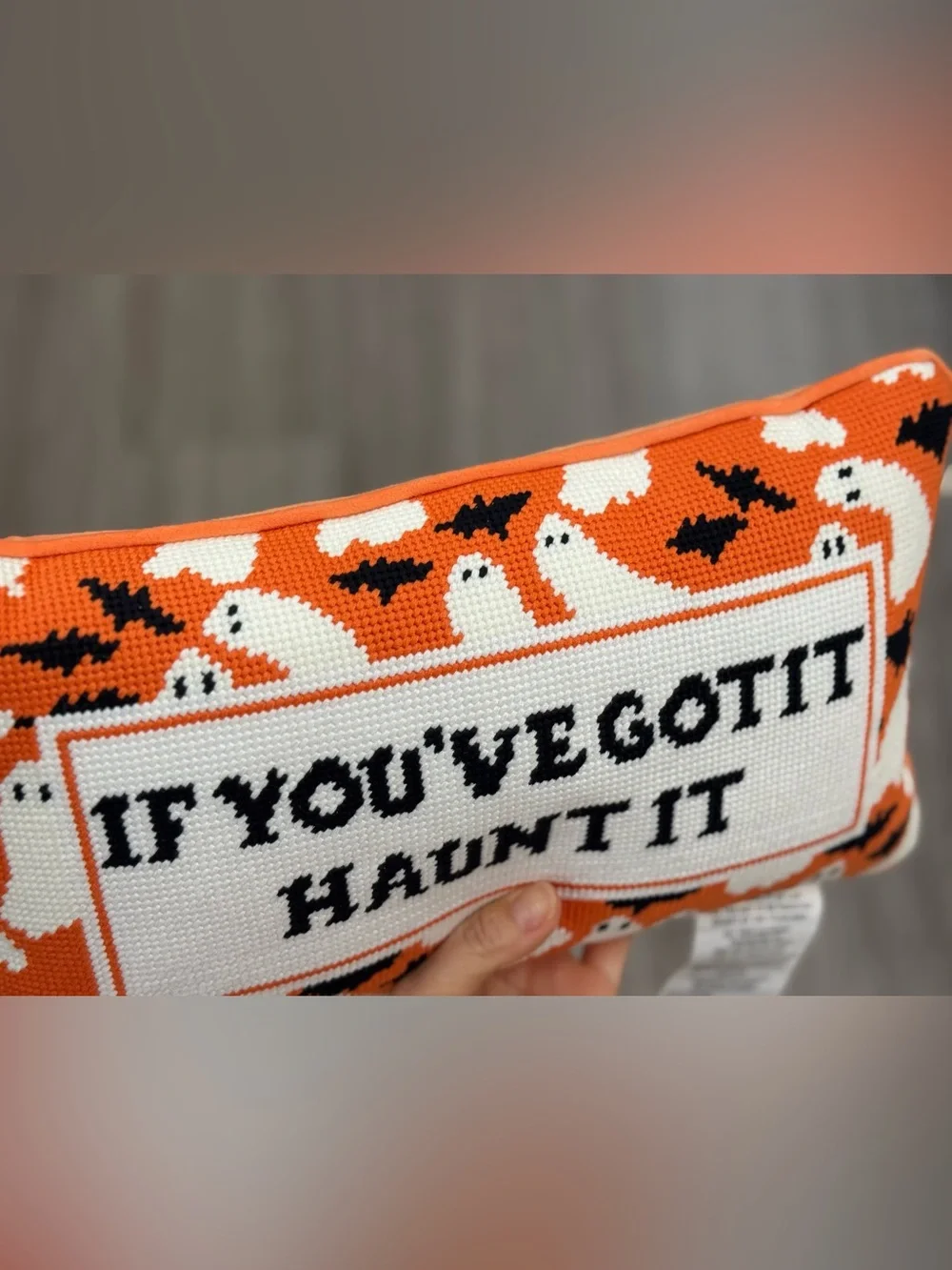 Holiday Ghost Needlepoint Pillow - Orange, White & Black